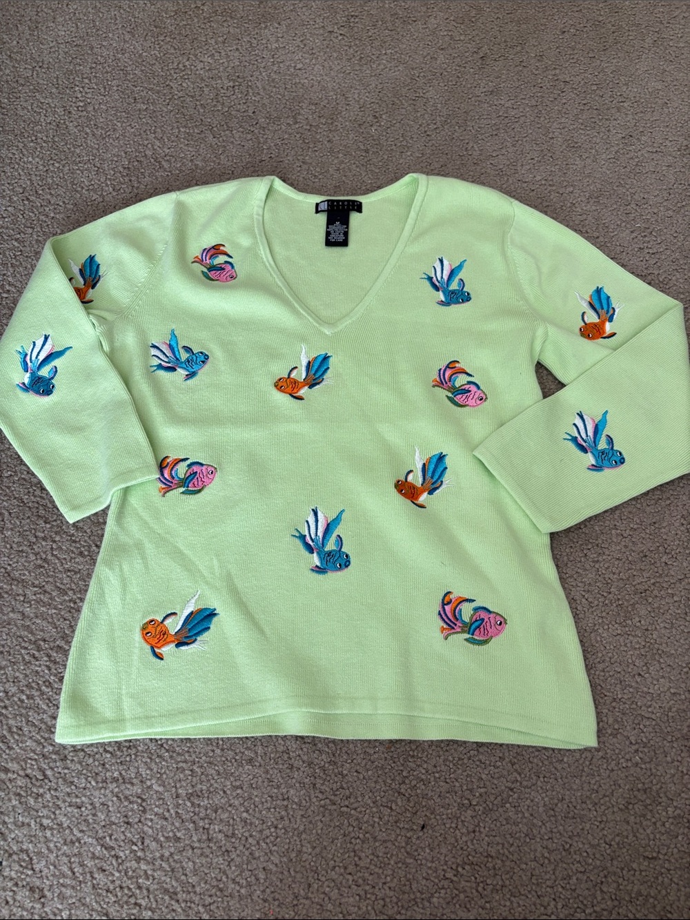 Carole Little Bright Green Fish Embroidered V-Neck Sweater size medium
